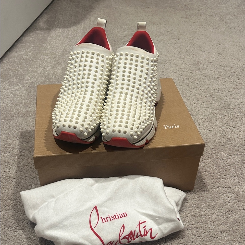 Christian Louboutin White Spike Slip-On Sneakers with Red Lining